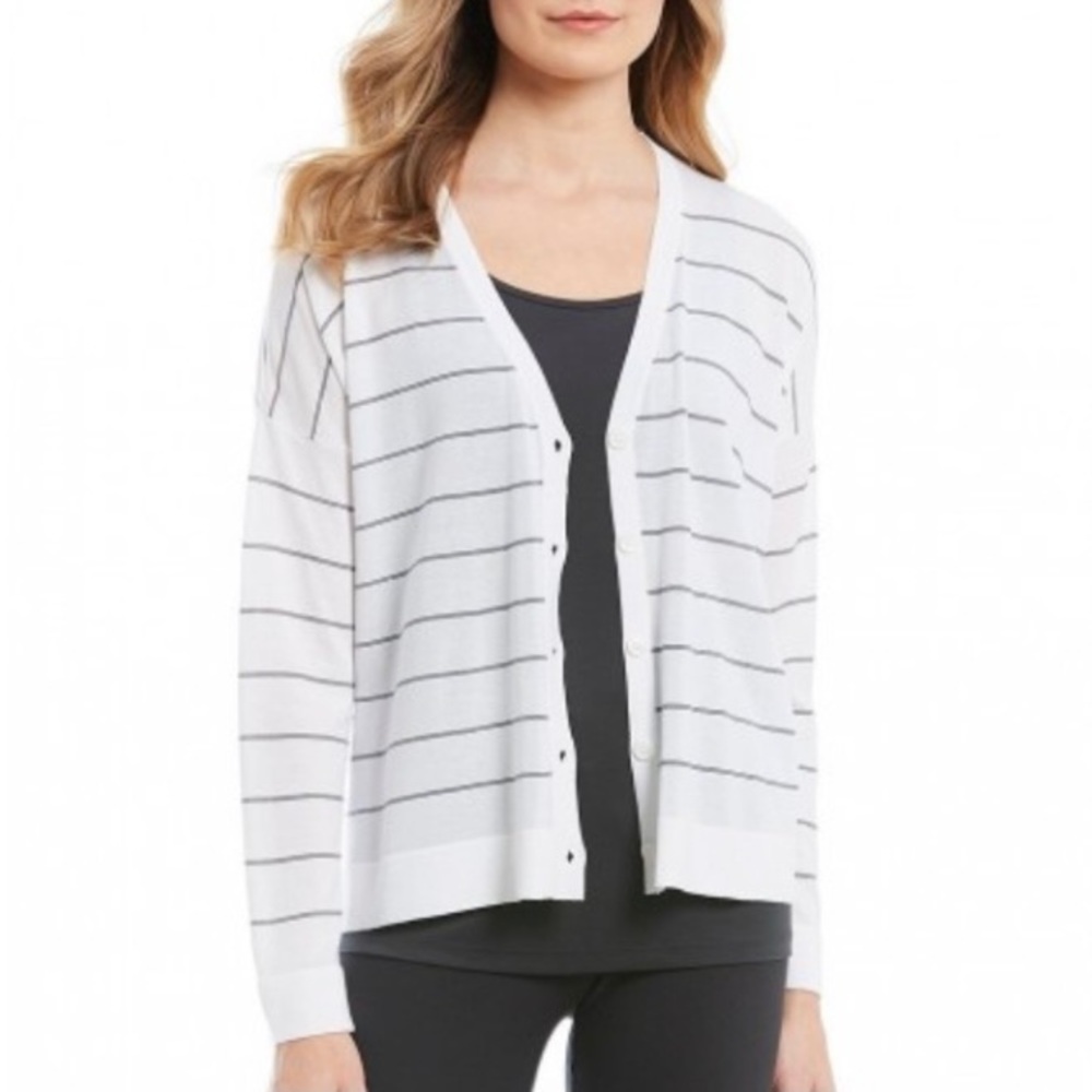 NWT Eileen Fisher White Striped V-Neck Cardigan